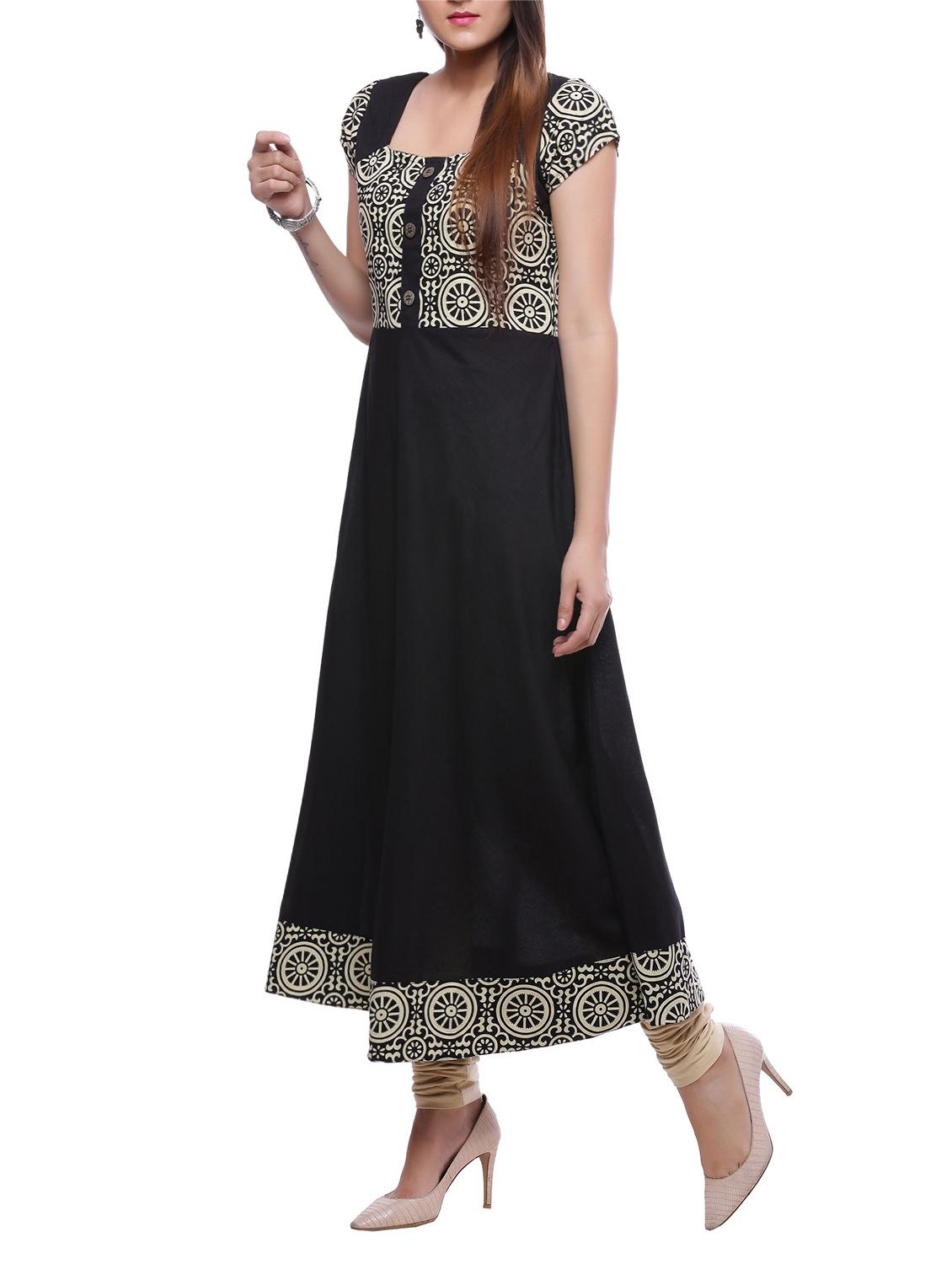 black cotton flared kurta - 14194132 - Zoom Image - 2