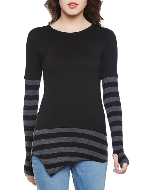 thumb hole sleeved striped asymmetric tee - 14195597 - Standard Image - 1