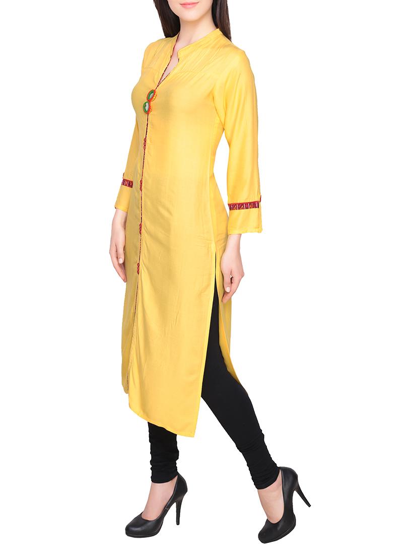 yellow viscose straight kurta - 14196246 - Zoom Image - 2