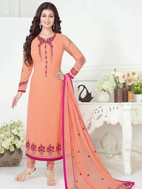 Peach georgette embroidered unstitched dress material - 14208631 - Very Small Image - 1
