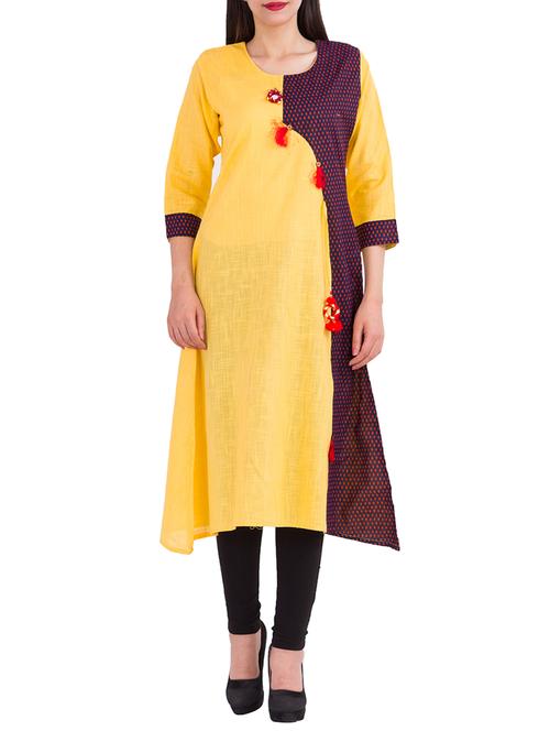 yellow cotton asymmetric kurta - 14215181 - Standard Image - 1