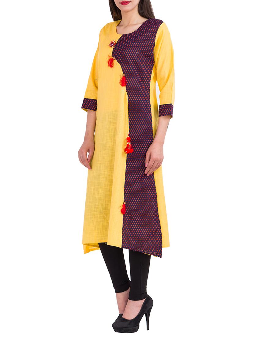 yellow cotton asymmetric kurta - 14215181 - Zoom Image - 2