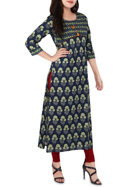 Blue cotton straight kurta - 14222644 - Zoom Image - 2