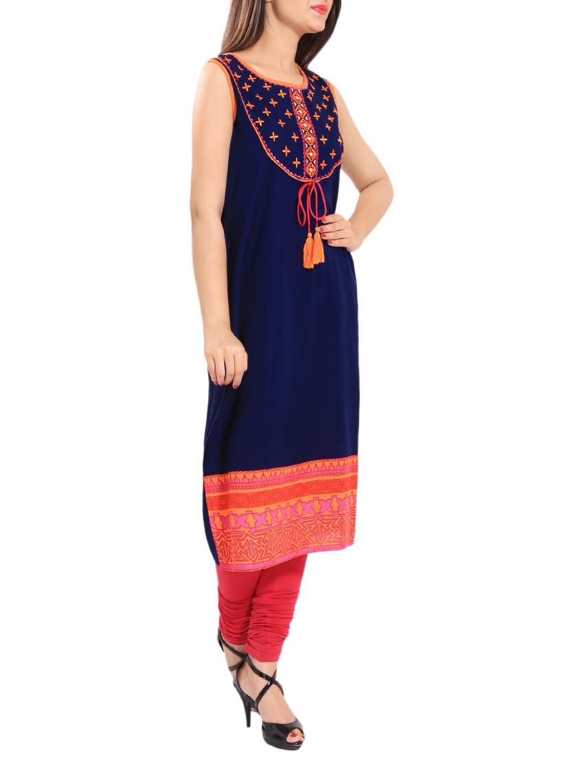 blue rayon straight kurta - 14224110 - Zoom Image - 2