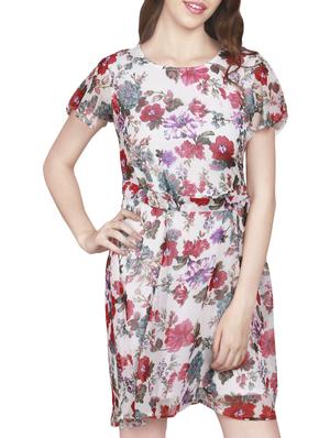multicolored floral printed poly crepe belted dress - 14225808 - Standard Image - 2