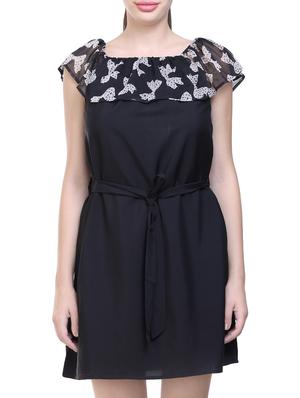 black printed poly crepe belted dress - 14231595 - Standard Image - 2