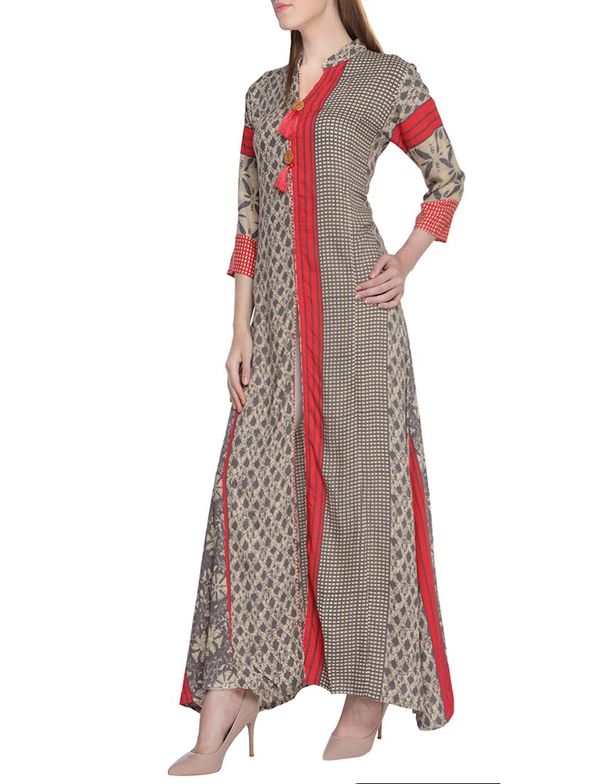 beige rayon high slit kurta - 14251882 - Zoom Image - 2