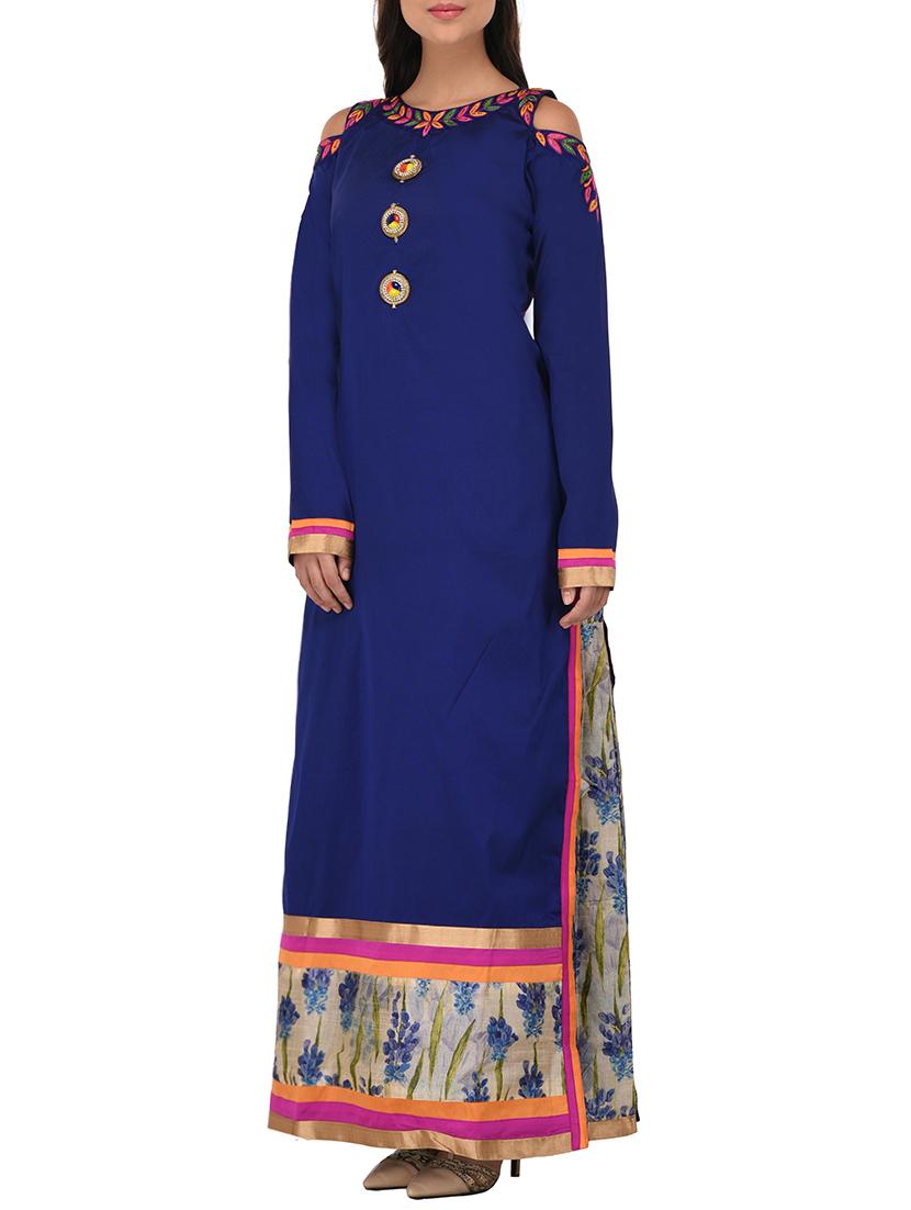 blue silk layered A-line kurta - 14253062 - Zoom Image - 2