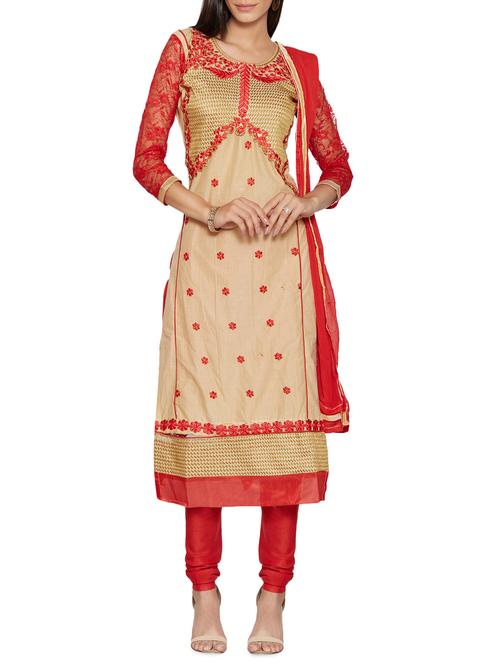 beige unstitched churidaar suit dress material - 14267321 - Very Small Image - 1