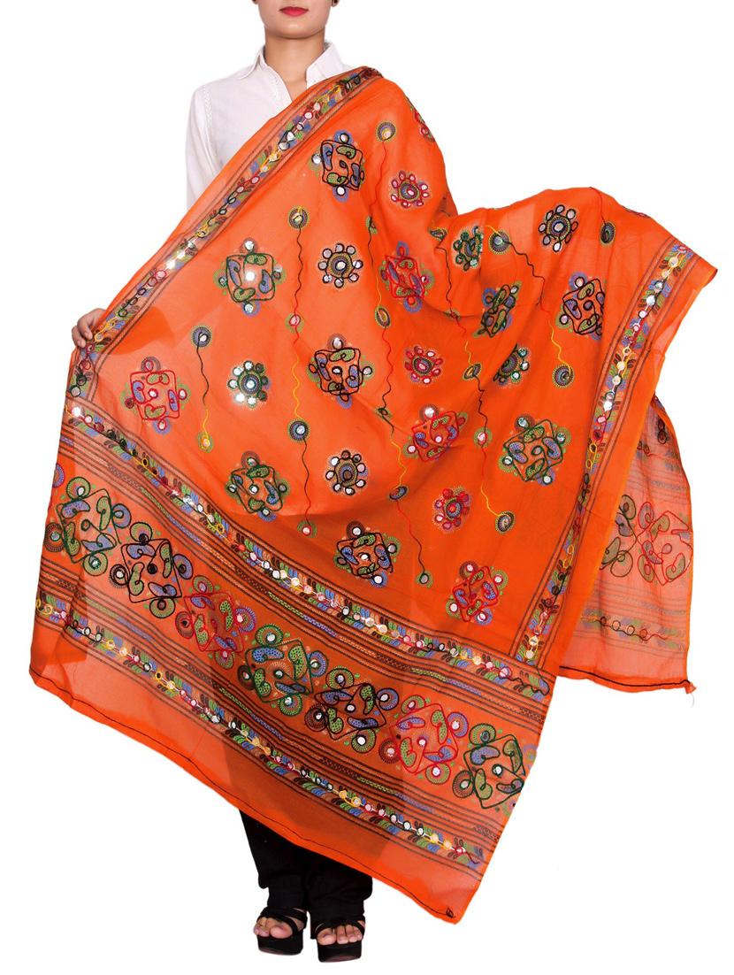 Orange Cotton Embroidered Dupatta - By