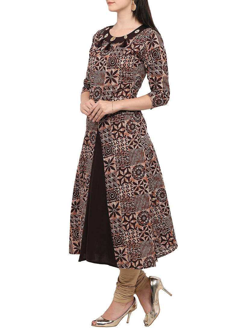 brown cotton flared kurta - 14319202 - Zoom Image - 2
