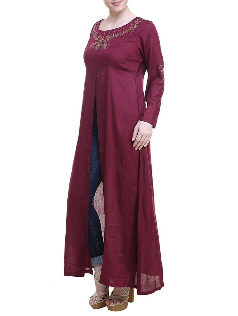 purple viscose high slit kurta - 14344454 - Zoom Image - 2