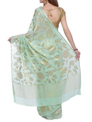 green georgette woven saree with blouse - 14346832 - Standard Image - 2