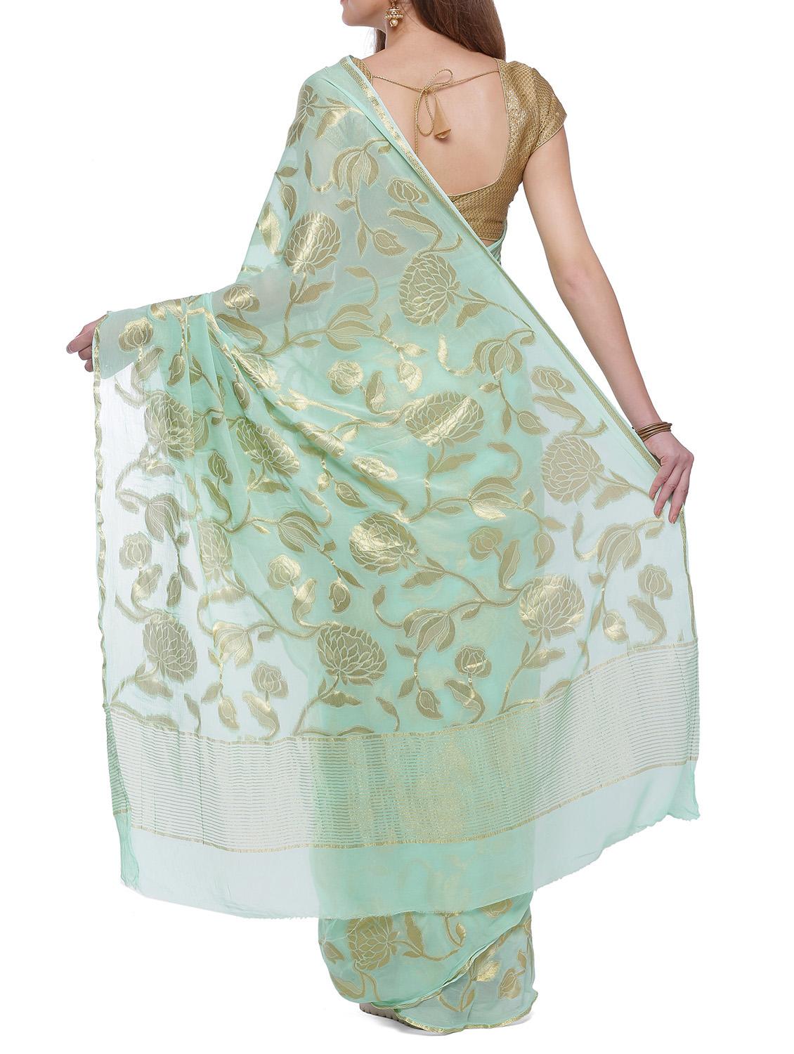green georgette woven saree with blouse - 14346832 - Zoom Image - 2