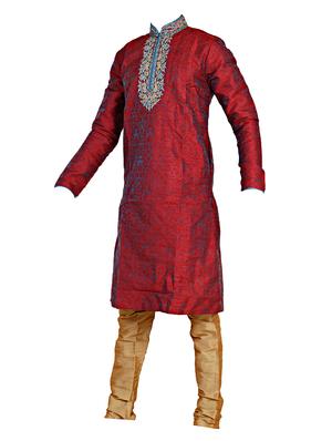 red and brown silk blend kurta set - 14352800 - Standard Image - 2