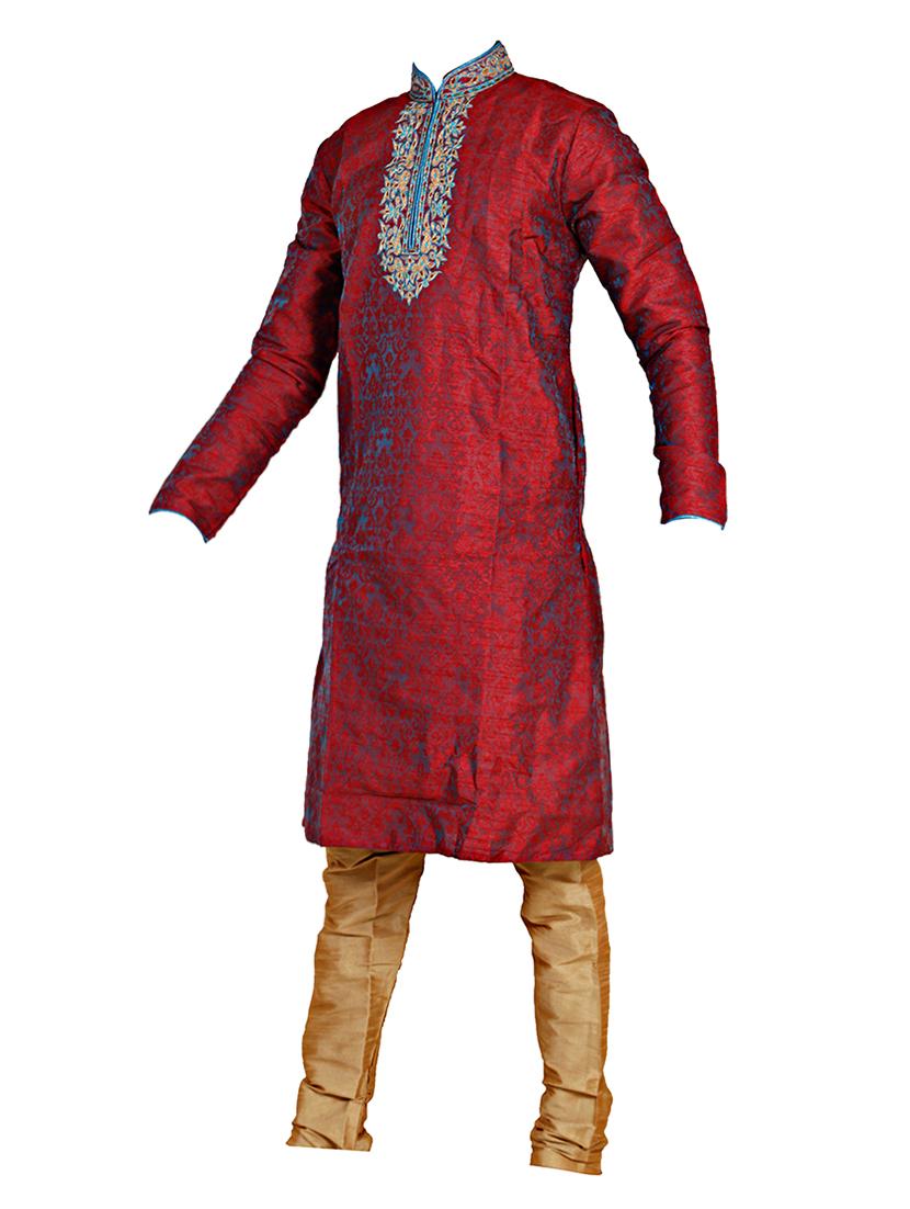 red and brown silk blend kurta set - 14352800 - Zoom Image - 2