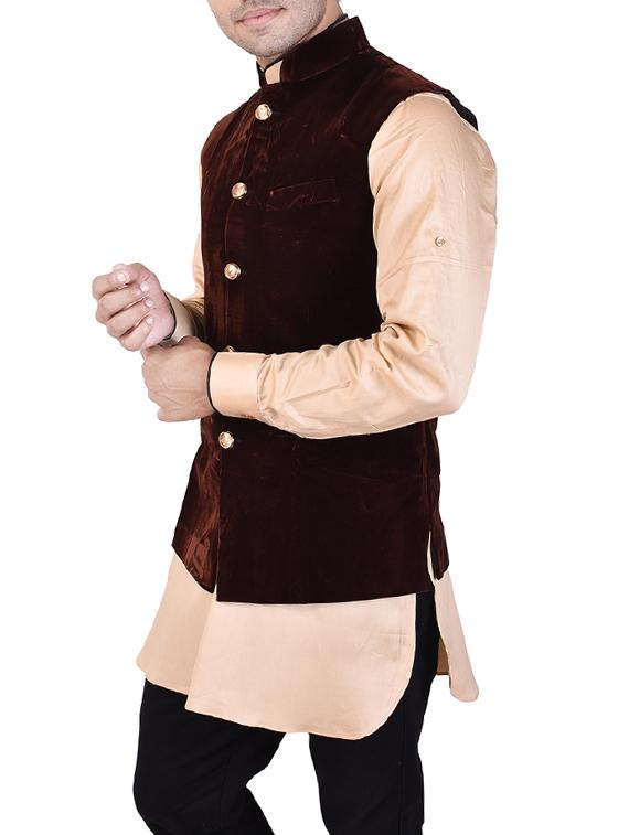 brown velvet nehru jacket - 14361335 - Zoom Image - 2