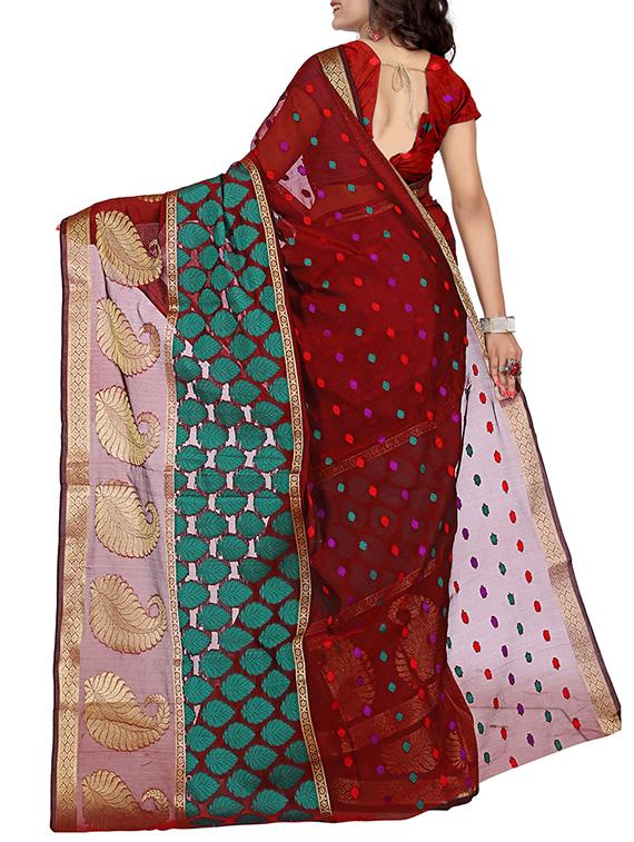 maroon cotton silk woven saree with blouse - 14373967 - Zoom Image - 2