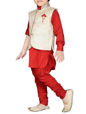 red silk blend kurta, pyjama & waistcoat set - 14375254 - Standard Image - 2