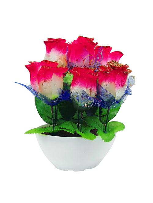 artificial white and red glitter roses plant with white pot - 14412365 - Standard Image - 1