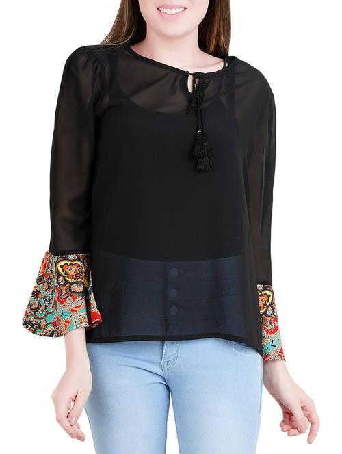 tassel tie neck bell sleeved sheer top - 14412496 - Very Small Image - 1