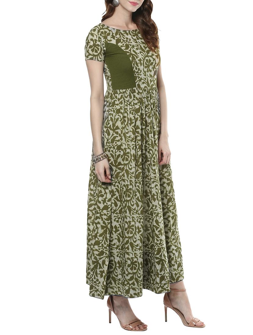 mehandi cotton flared kurta - 14412876 - Zoom Image - 2