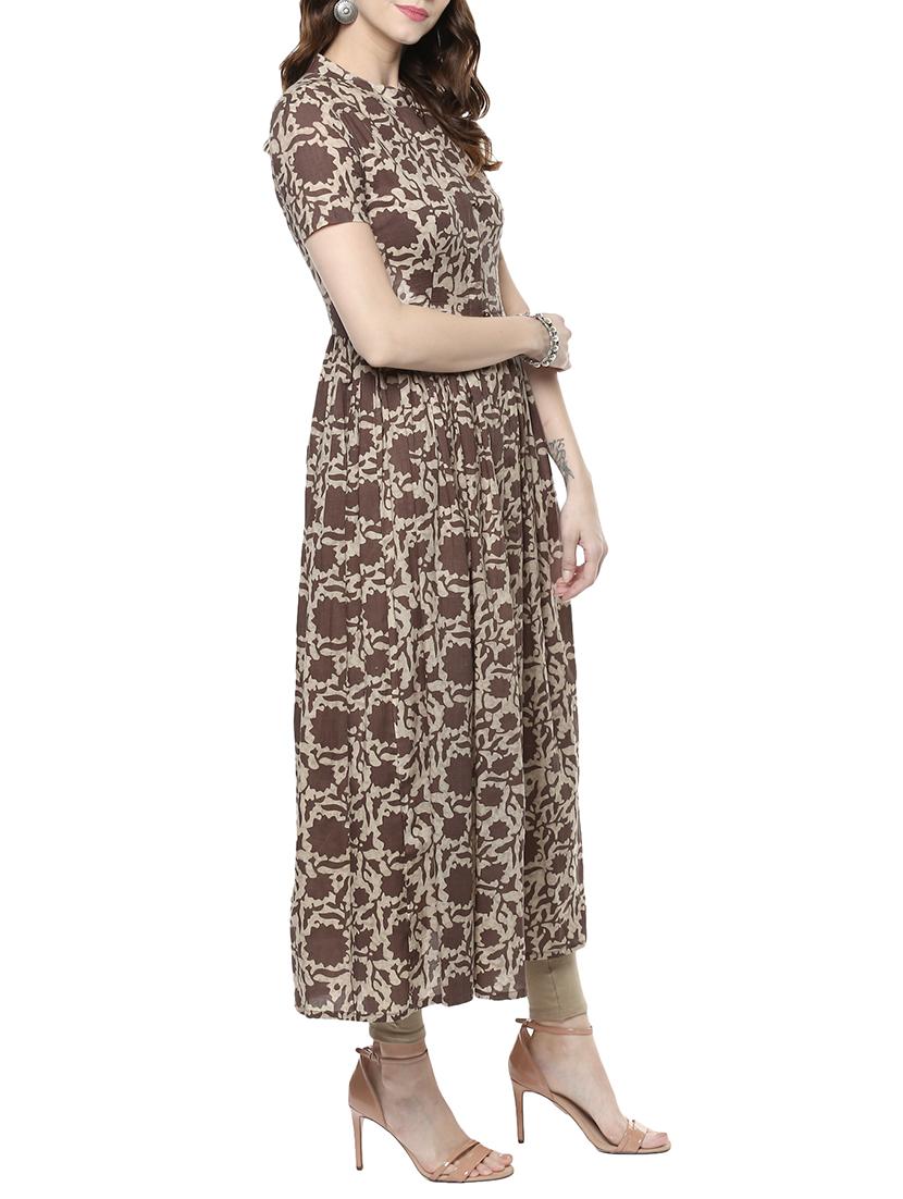 brown cotton flared kurta - 14412882 - Zoom Image - 2