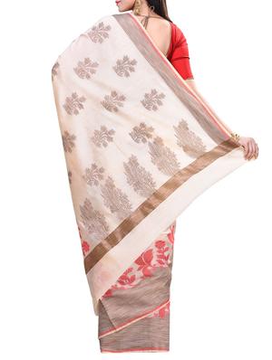 cream cotton blend bordered saree with blouse - 14414470 - Standard Image - 2