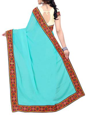 Turquoise and blue half & half saree with blouse - 14416382 - Standard Image - 2