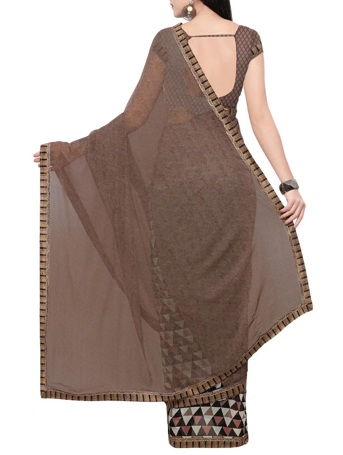 brown georgette printed saree with blouse - 14420569 - Zoom Image - 2