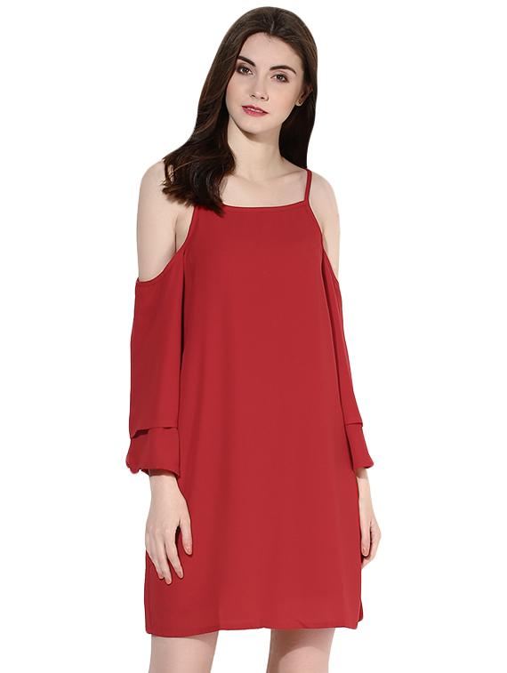 red cold shoulder ruffle dress - 14422056 - Zoom Image - 2