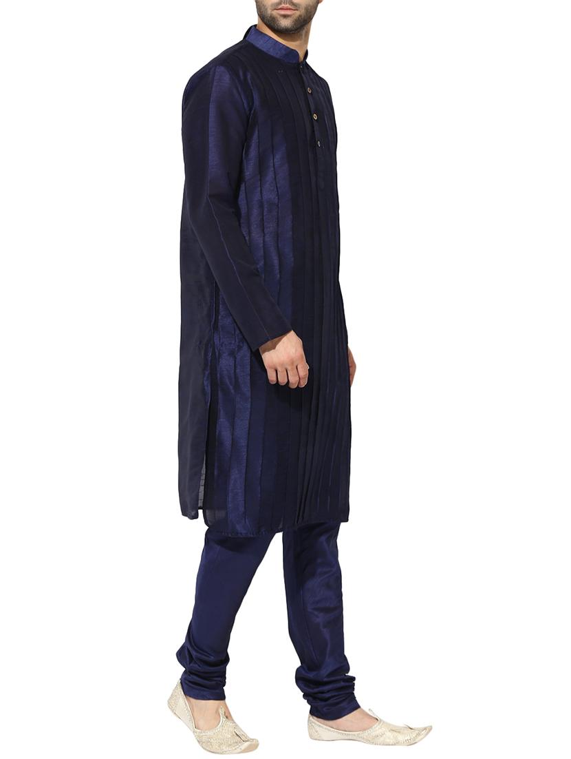 dark blue dupion long kurta - 14424898 - Zoom Image - 2