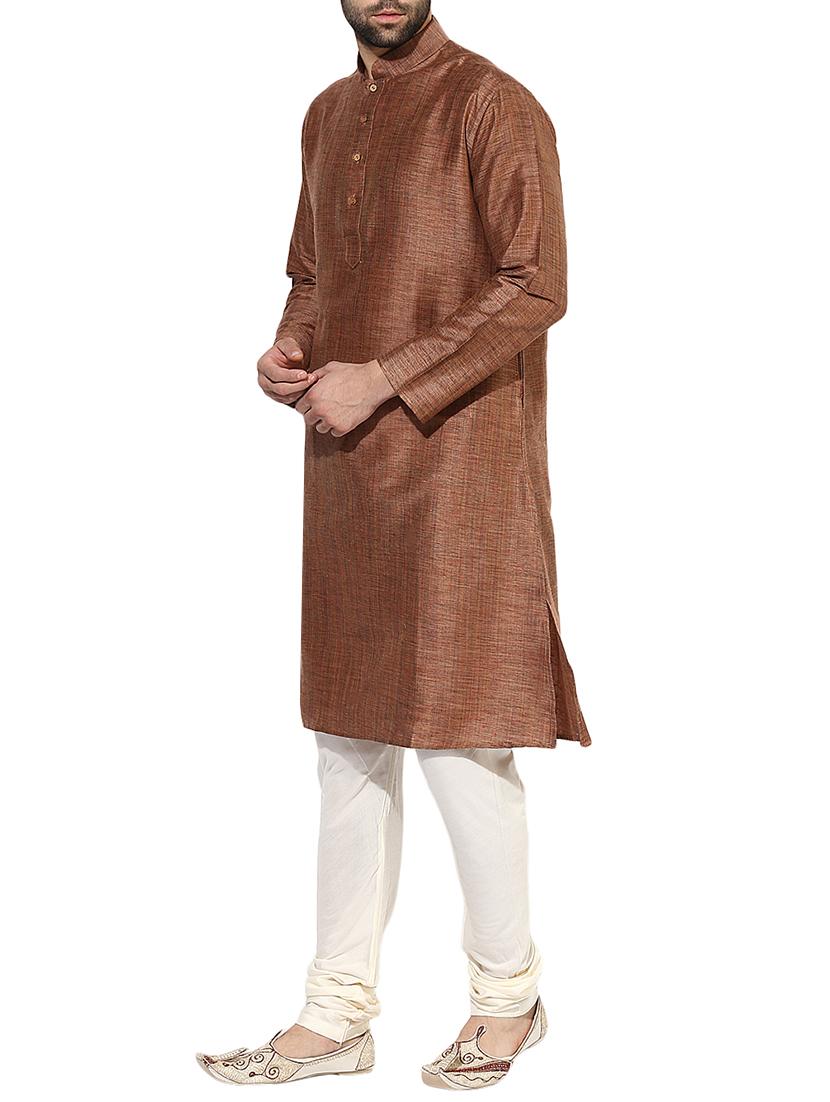 brown silk blend long kurta - 14424902 - Zoom Image - 2