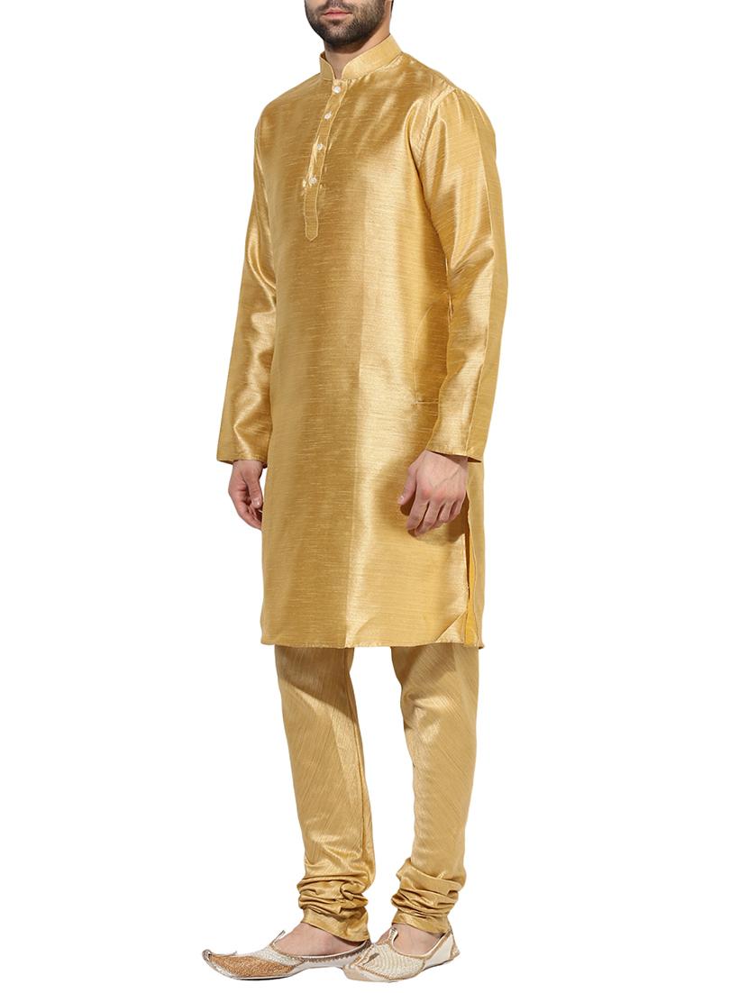 gold silk blend long kurta - 14424911 - Zoom Image - 2