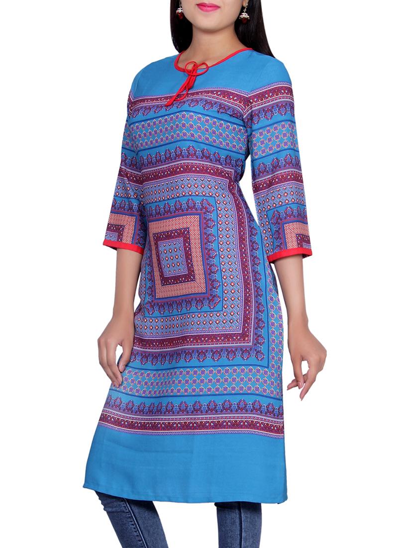 blue crepe straight kurta - 14427147 - Zoom Image - 2