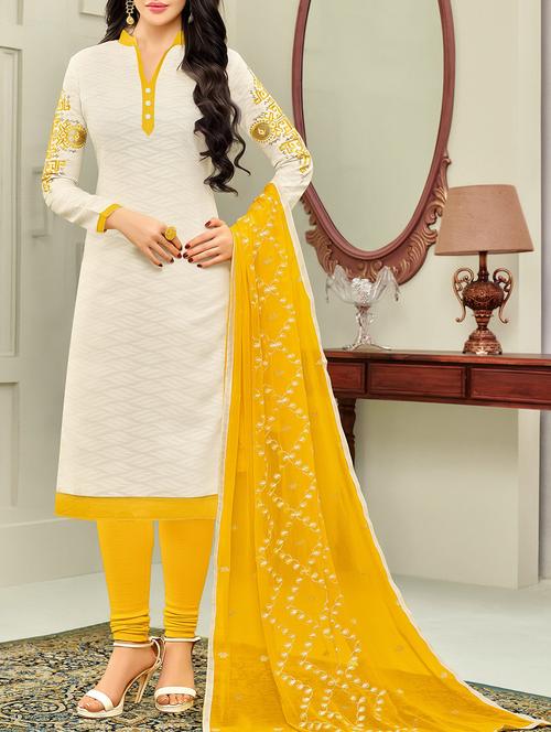 white printed cotton unstitched churidaar suit - 14432642 - Very Small Image - 1