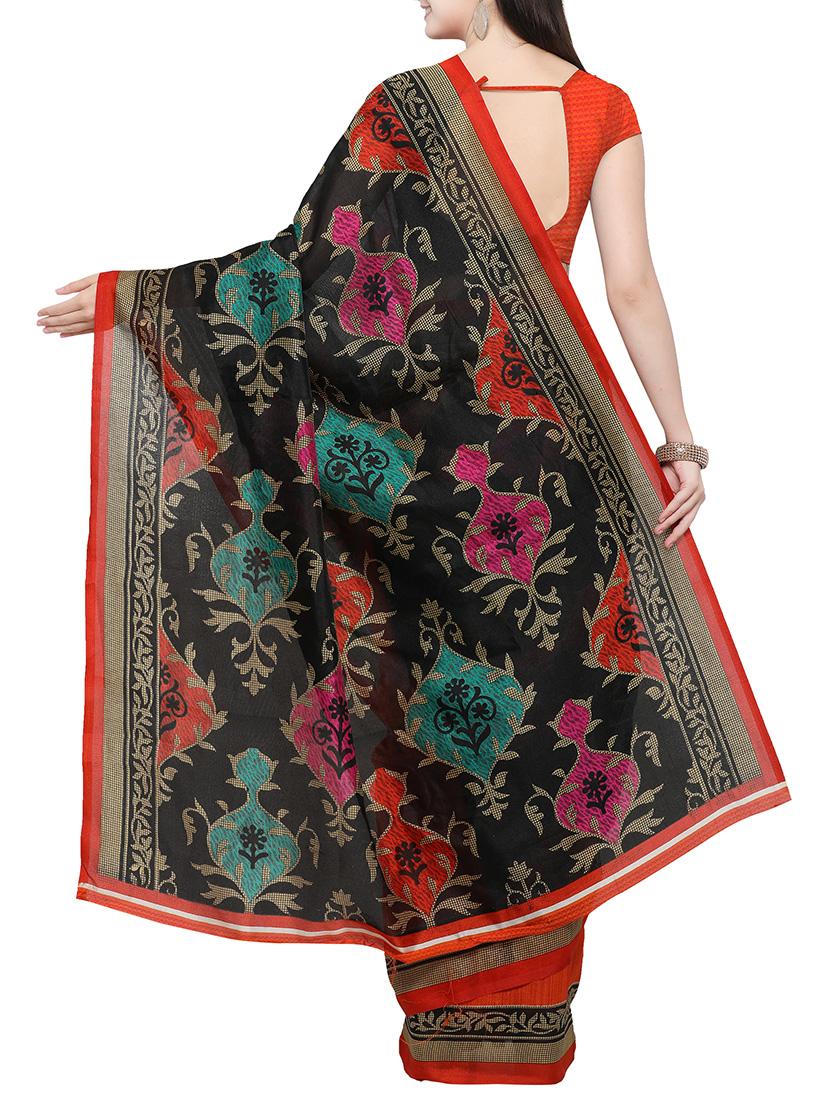 black cotton silk printed saree with blouse - 14433809 - Zoom Image - 2