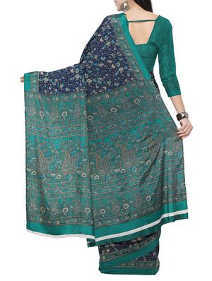 blue crepe printed saree with blouse - 14433817 - Standard Image - 2