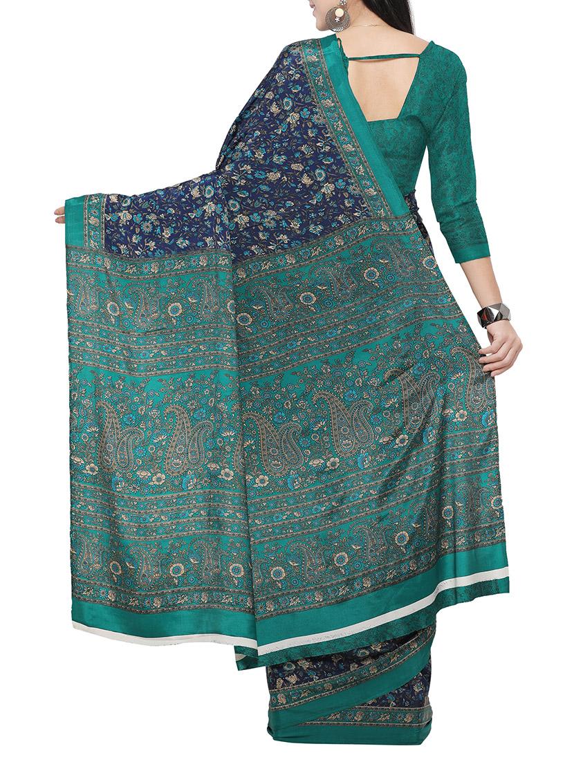 blue crepe printed saree with blouse - 14433817 - Zoom Image - 2