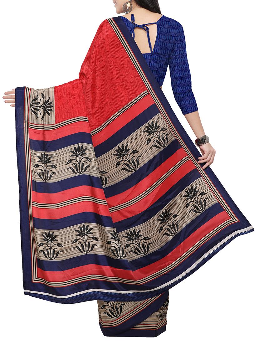 red crepe printed saree with blouse - 14433820 - Zoom Image - 2