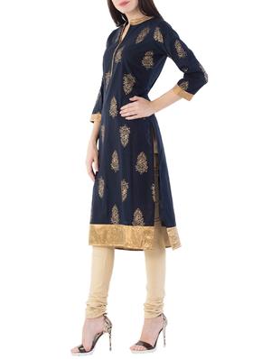 blue cotton straight kurta - 14438514 - Standard Image - 2