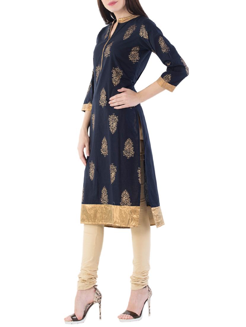 blue cotton straight kurta - 14438514 - Zoom Image - 2