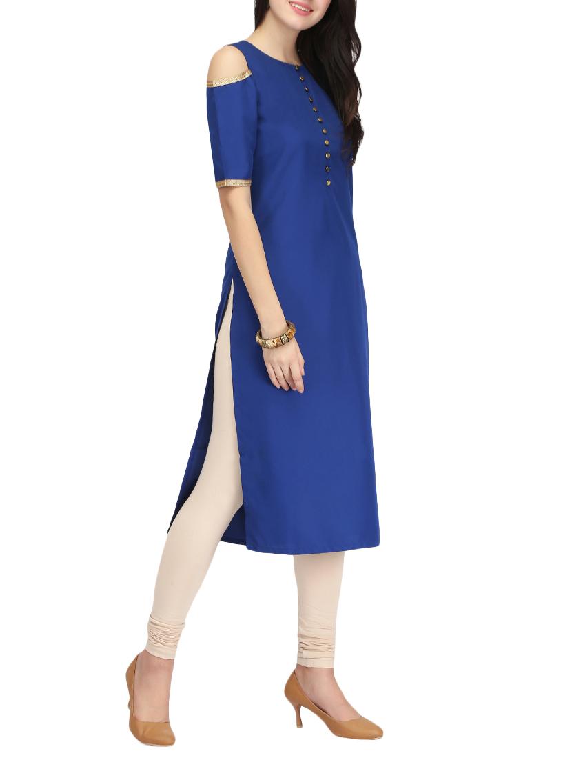 blue crepe straight solid kurta - 14461873 - Zoom Image - 2