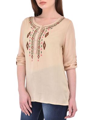 Beige cotton embroidered tunic - 14464344 - Standard Image - 2