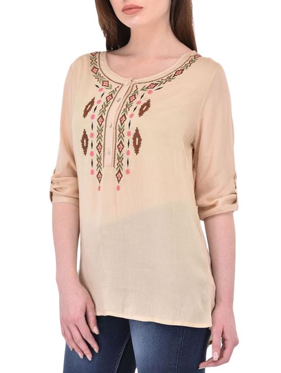 Beige cotton embroidered tunic - 14464344 - Zoom Image - 2