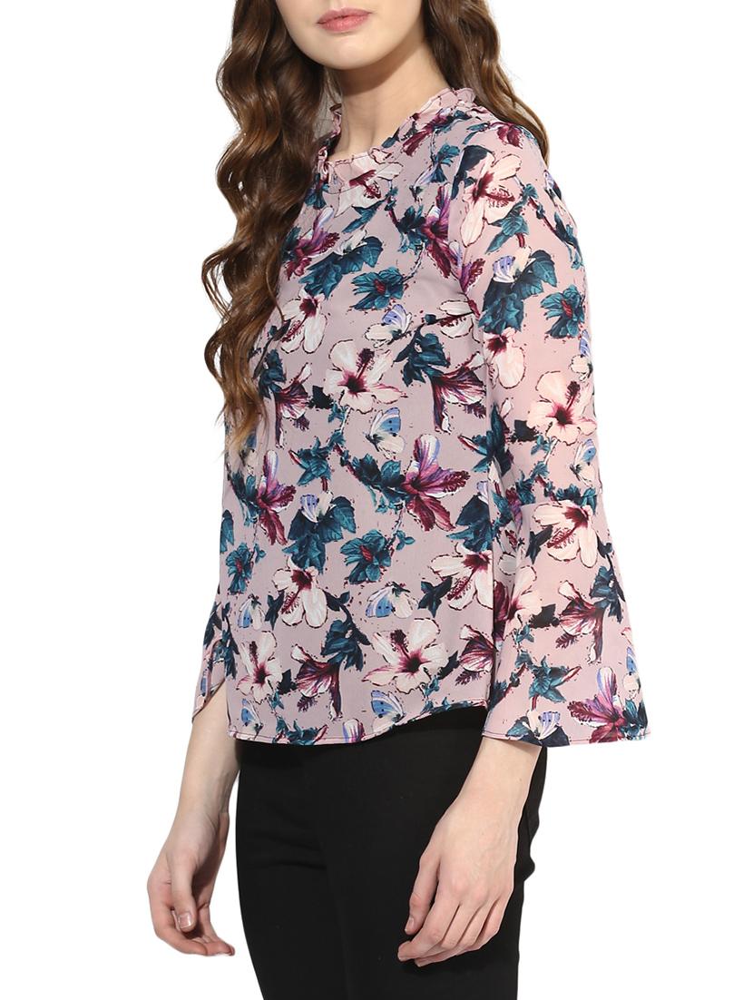 frilled neck bell sleeved floral top - 14469153 - Zoom Image - 2