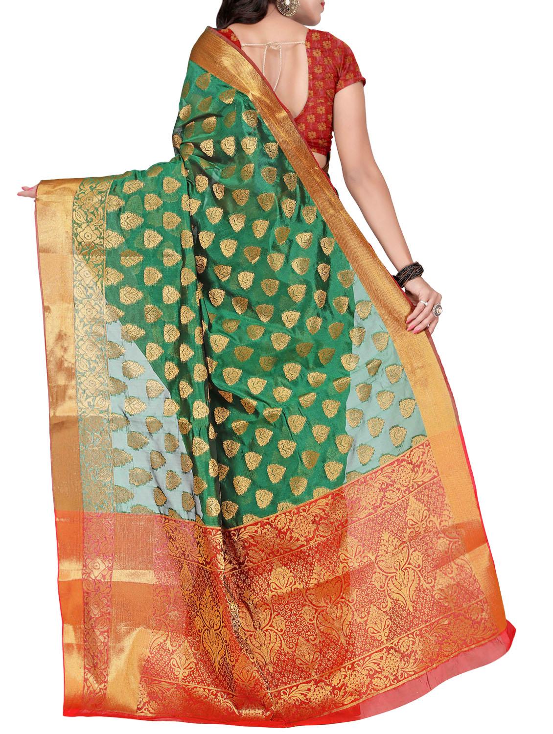 green silk banarasi saree with blouse - 14469400 - Zoom Image - 2