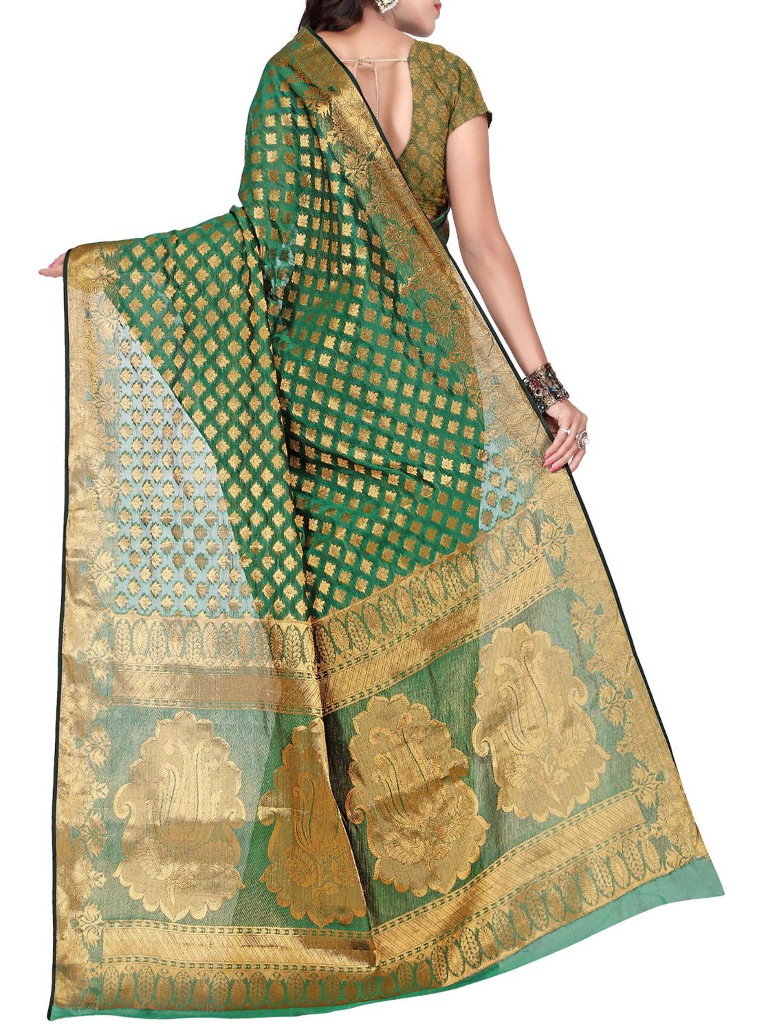 green silk blend banarasi saree with blouse - 14469414 - Zoom Image - 2