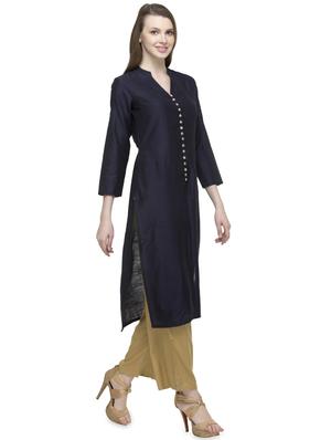 blue silk blend high slit kurta - 14479336 - Standard Image - 2