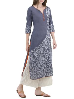 Grey cotton straight kurta - 14491932 - Standard Image - 2